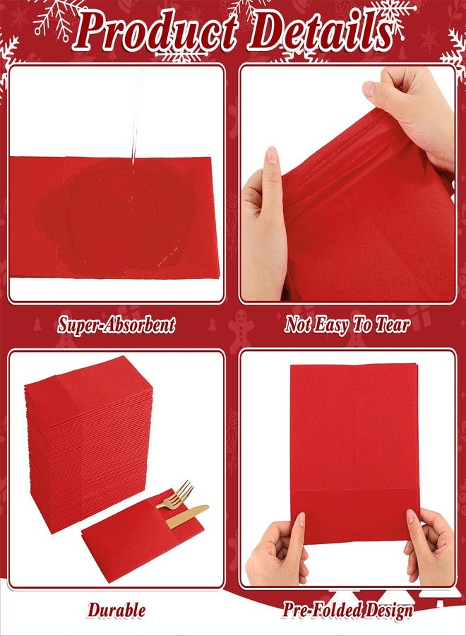 NatNarr 60 Pcs Red Linen-Feel Paper Napkins with Built-in Flatware Pocket, Valentine's Day Pocket Linen Napkin Prefolded Cloth Like Paper Napkin Bulk for Anniversay Silverware Birthday Bathroom Wedding Party - Image 4
